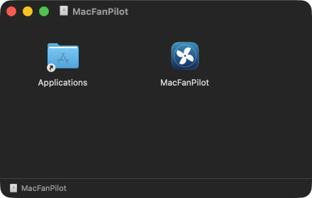 The opened disk image: a window with the Applications folder and the MacFanPilot app.