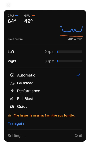 The fan icon in the menu bar with the popover open on a first run: temperatures, both fans at 0 rpm, the presets with Automatic ticked, and below them an orange line, “The helper is missing from the app bundle.”, with a Try again link.