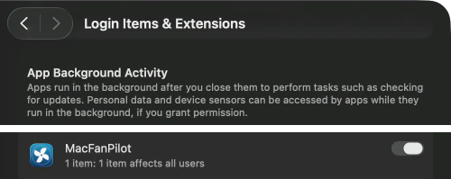 System Settings, Login Items & Extensions. Under the heading App Background Activity is the row MacFanPilot, “1 item: 1 item affects all users”, with its switch turned on.