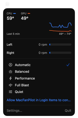 The popover while the helper waits for approval. Under the presets is a link: Allow MacFanPilot in Login Items to control fans…