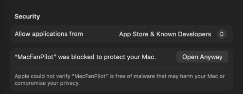 The Security section of Privacy & Security in System Settings: “MacFanPilot” was blocked to protect your Mac, with an Open Anyway button next to it.