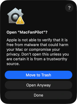 macOS dialog: Open “MacFanPilot”? Apple is not able to verify that it is free from malware. Three buttons: Move to Trash, which is highlighted, Open Anyway and Done.