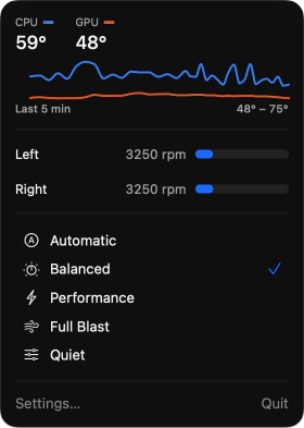 The MacFanPilot popover. CPU 59°, GPU 48°, a chart of both over the last 5 minutes, the left and right fan at 3250 rpm, and the presets Automatic, Balanced, Performance, Full Blast and a custom one named Quiet. Balanced is ticked.