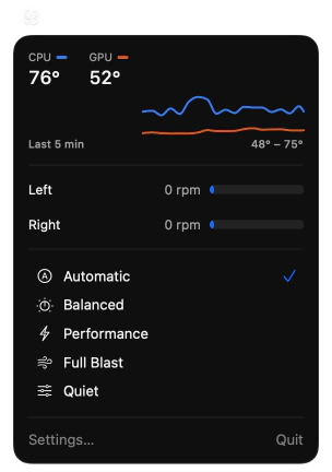 The outlined fan icon in the menu bar with the popover open below it. CPU 76°, GPU 52°, both fans at 0 rpm, and Automatic ticked in the list of presets.