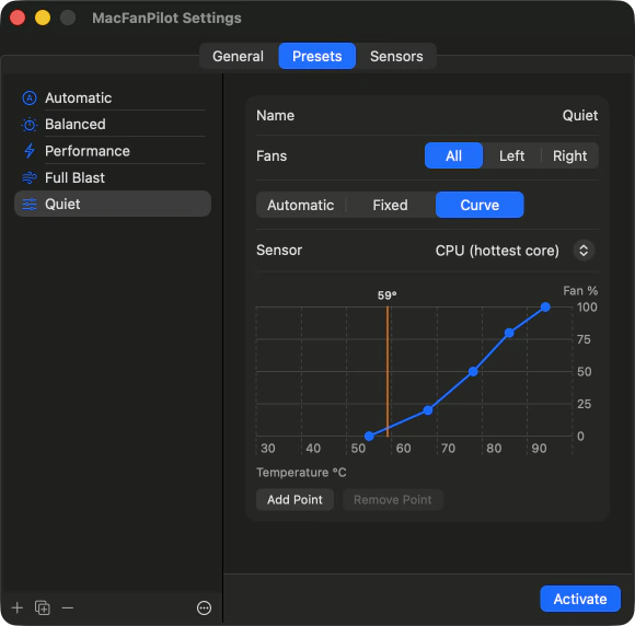 MacFanPilot Settings, Presets tab. A custom preset named Quiet is selected: all fans, Curve mode, following the hottest CPU core, with a five-point curve from 0% at 55 °C to 100% at 94 °C and a marker at the current 59°.