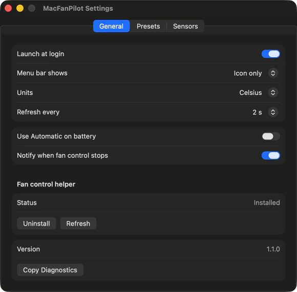 MacFanPilot Settings, General tab: Launch at login, Menu bar shows, Units, Refresh every, Use Automatic on battery, Notify when fan control stops, the fan control helper with its status Installed and an Uninstall button, the version and Copy Diagnostics.